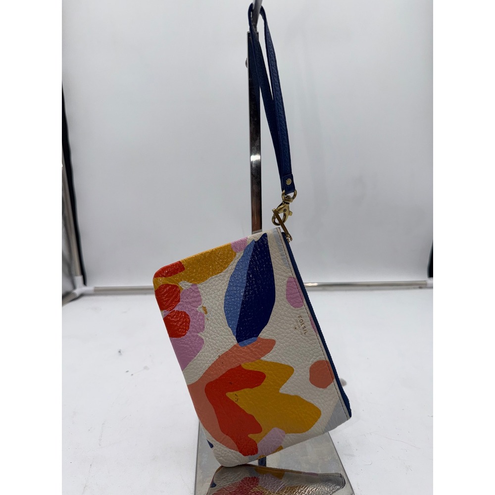 Fossil Leather Wristlet Pouch Multicolor Abstract Floral Print Gold Hardware